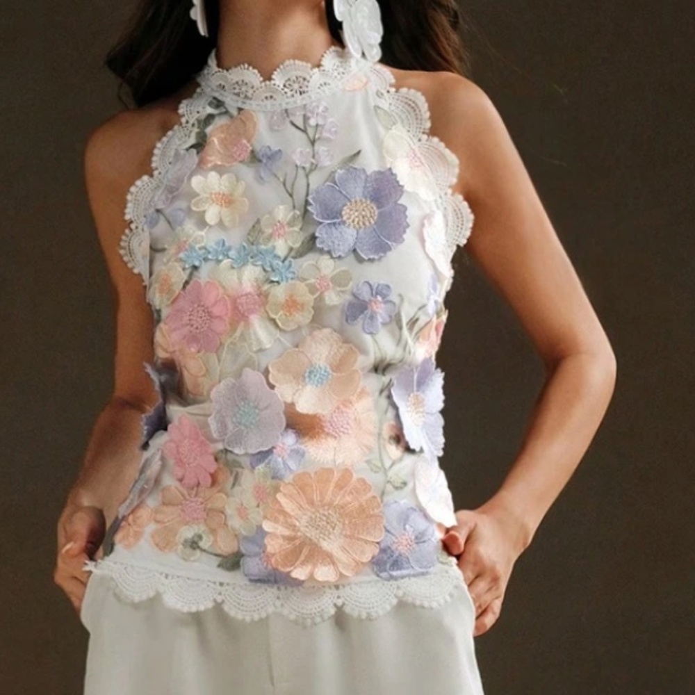 Classic Boho Pastel Floral Applique Scallop Lace Halter Tank Top